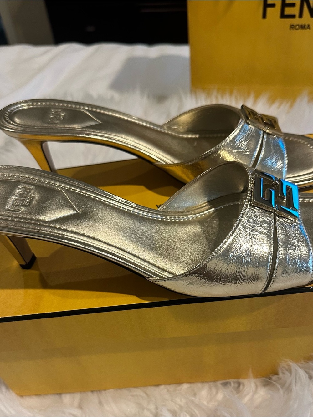 Fendi Ffold Gold Metallic Logo Slide Heels
